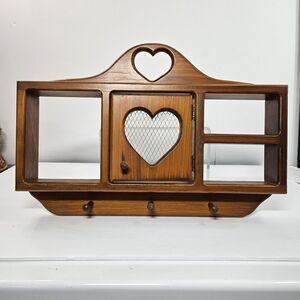 VTG Wood solid Oak Farmhouse Shelf/ Door 3 pegs & Heart Cut-Out trinket display